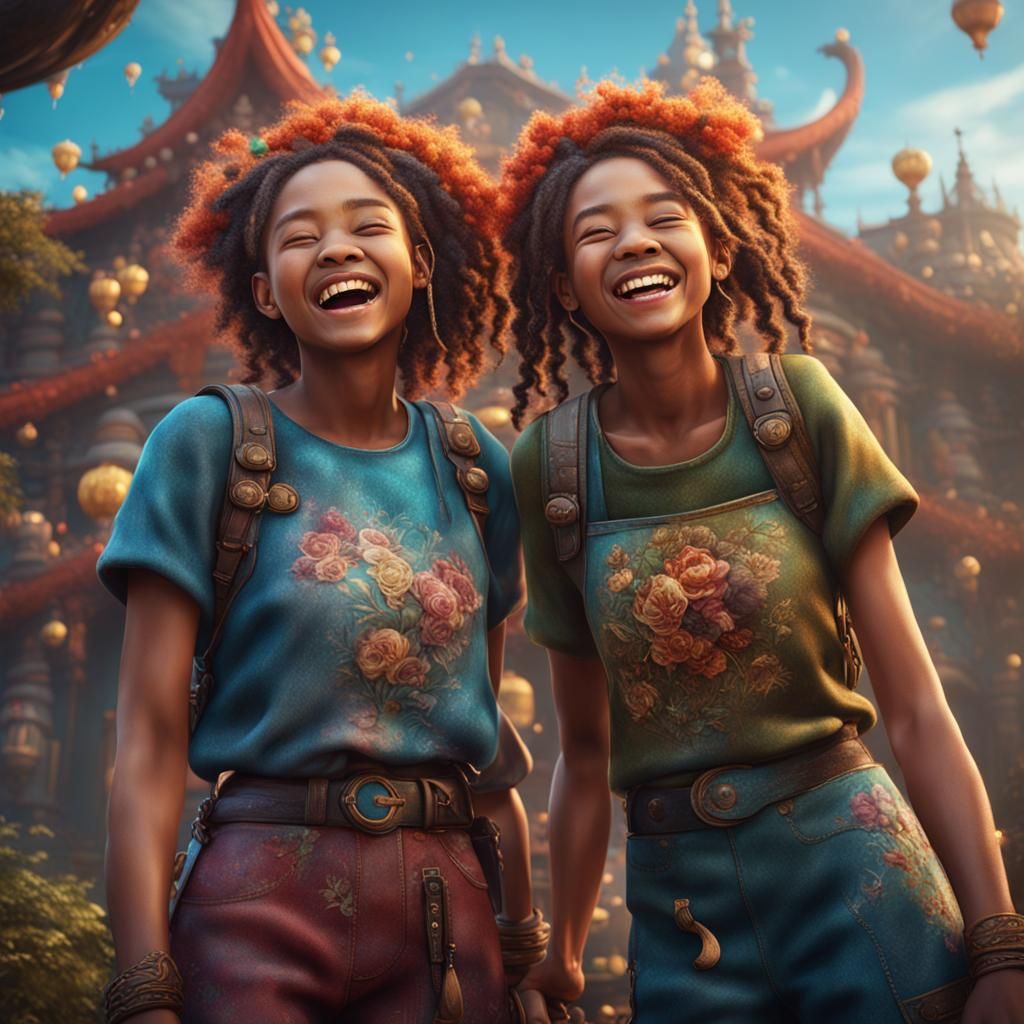 Two Best Friends Laughing in Detailed Matte Painting