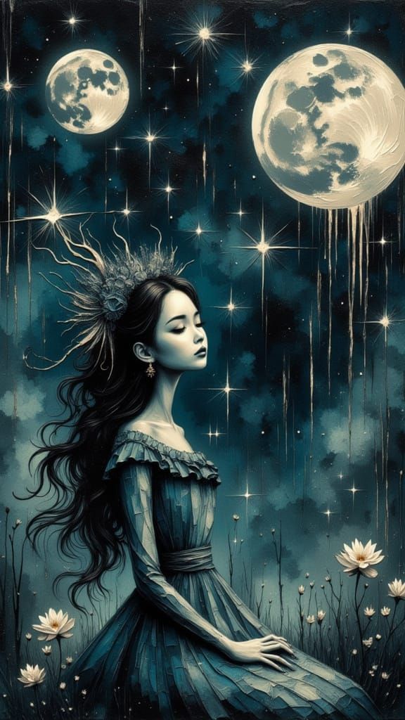 Sad Girl Crying Under Stars: Water Ink and Glitch Art