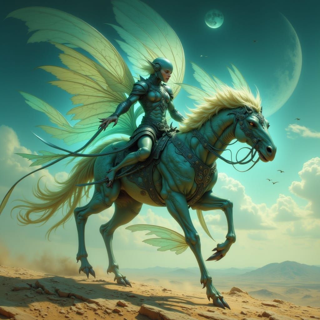 Majestic Metallic Alien Steed Galloping Under Twin Suns