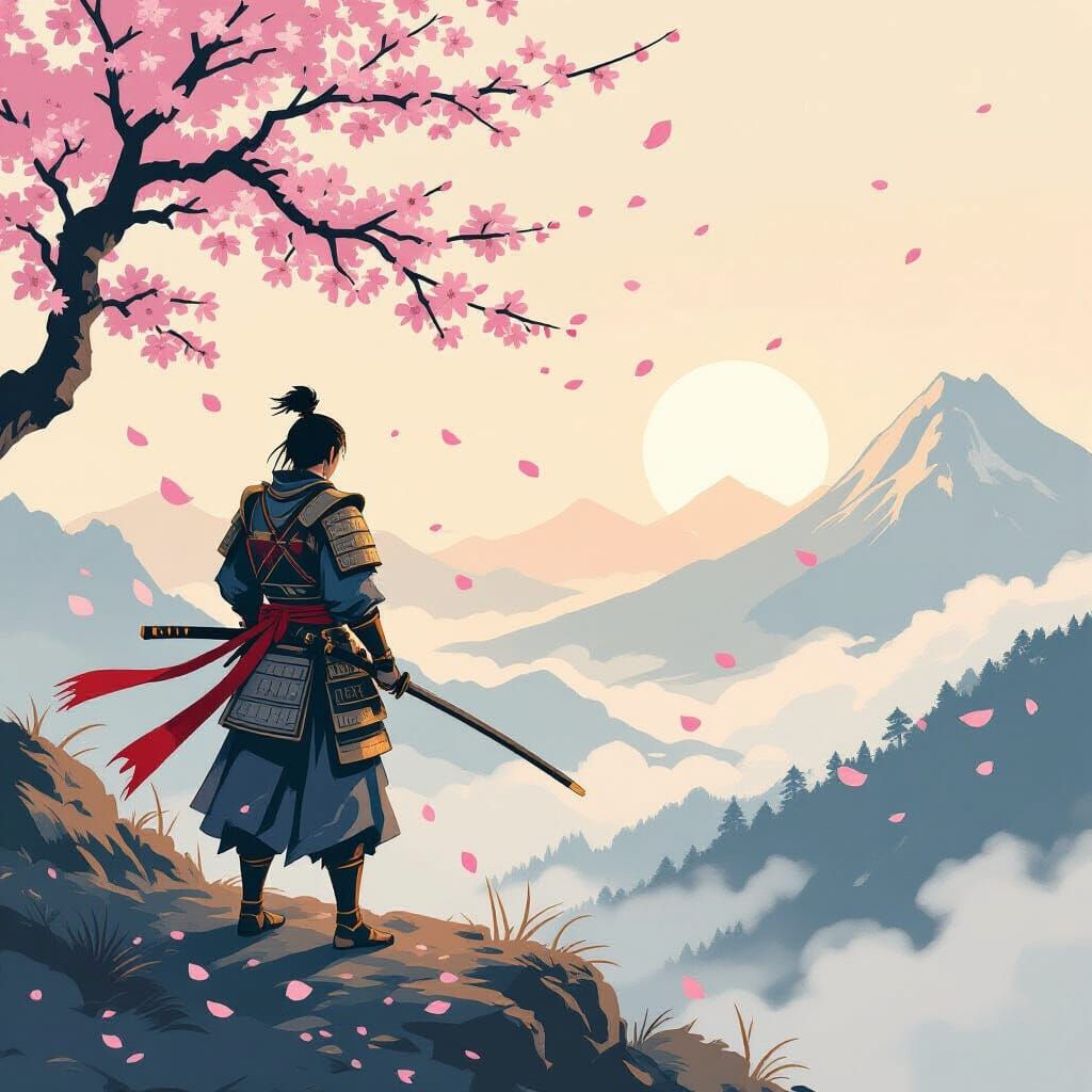 Samurai Warrior on Mountain Peak in Ukiyo-e Anime Style