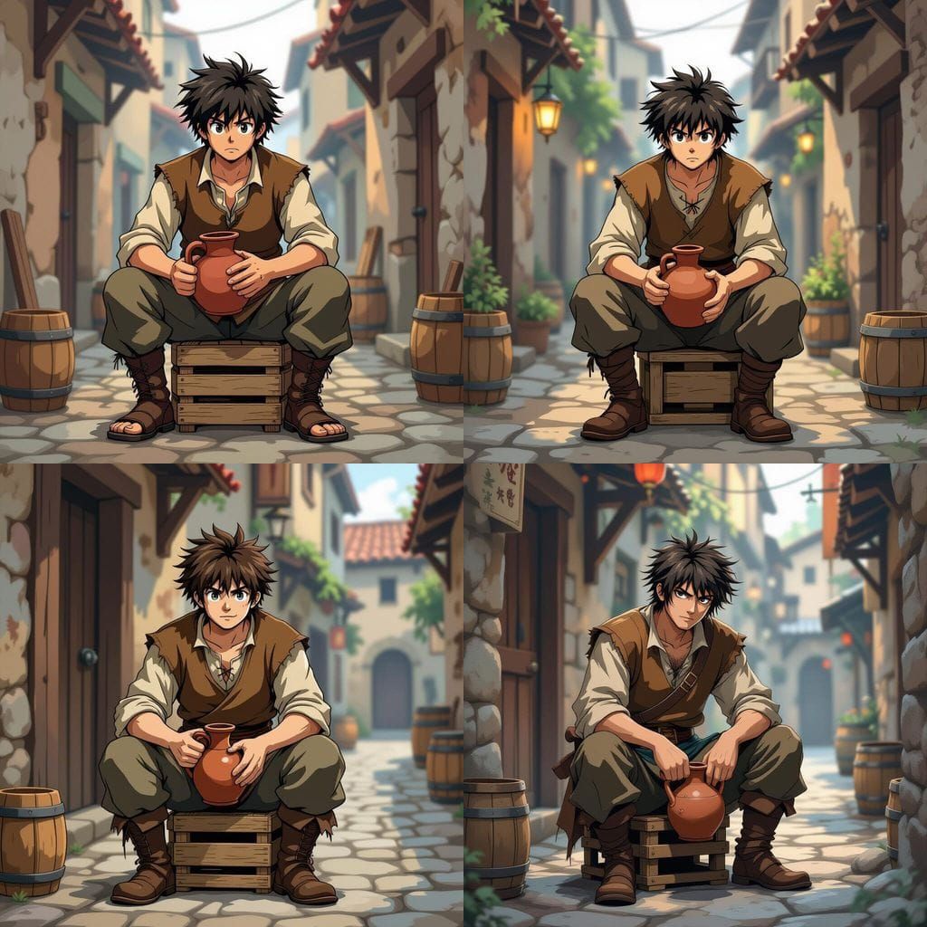 Shounen Anime Villager Holding Jug in Gritty Alley