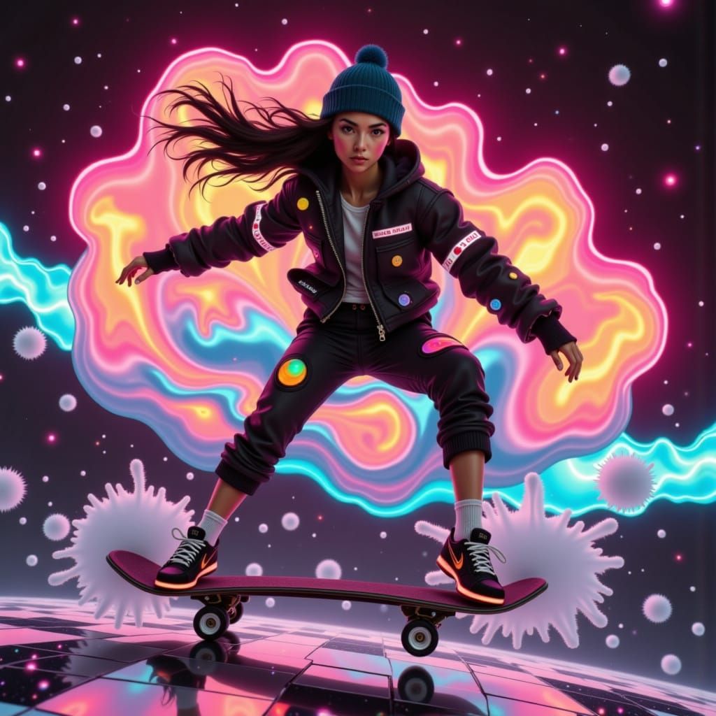 Skater Girl in Neon Retro Style