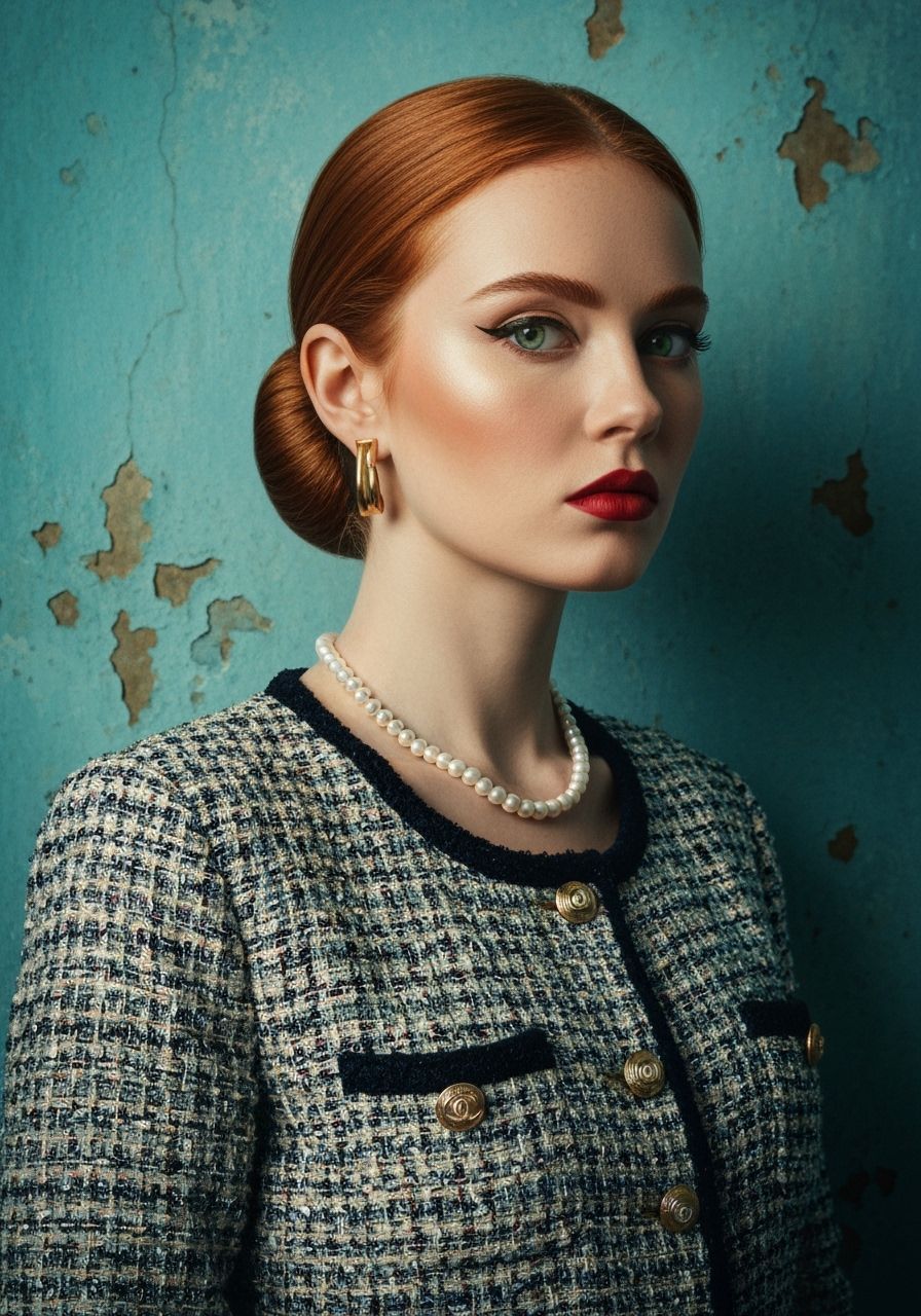 Elegant Woman in Bouclé Suit: Chiaroscuro Portrait
