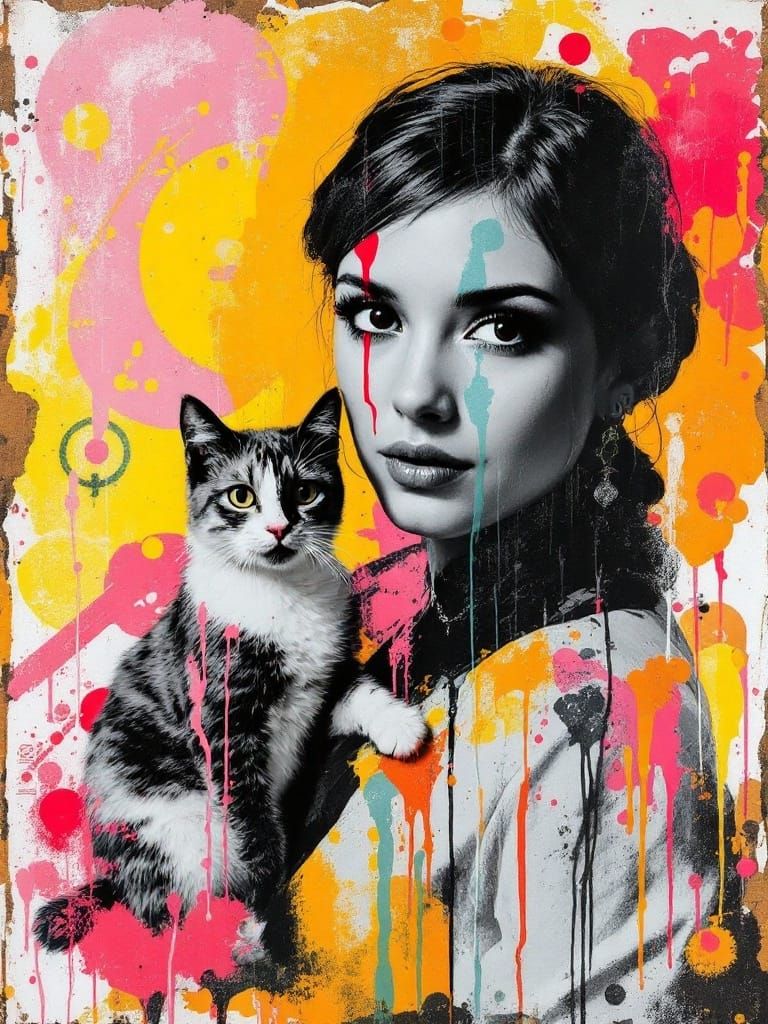 Woman in Downtown Tokyo with Cat in Muted Street Art Style