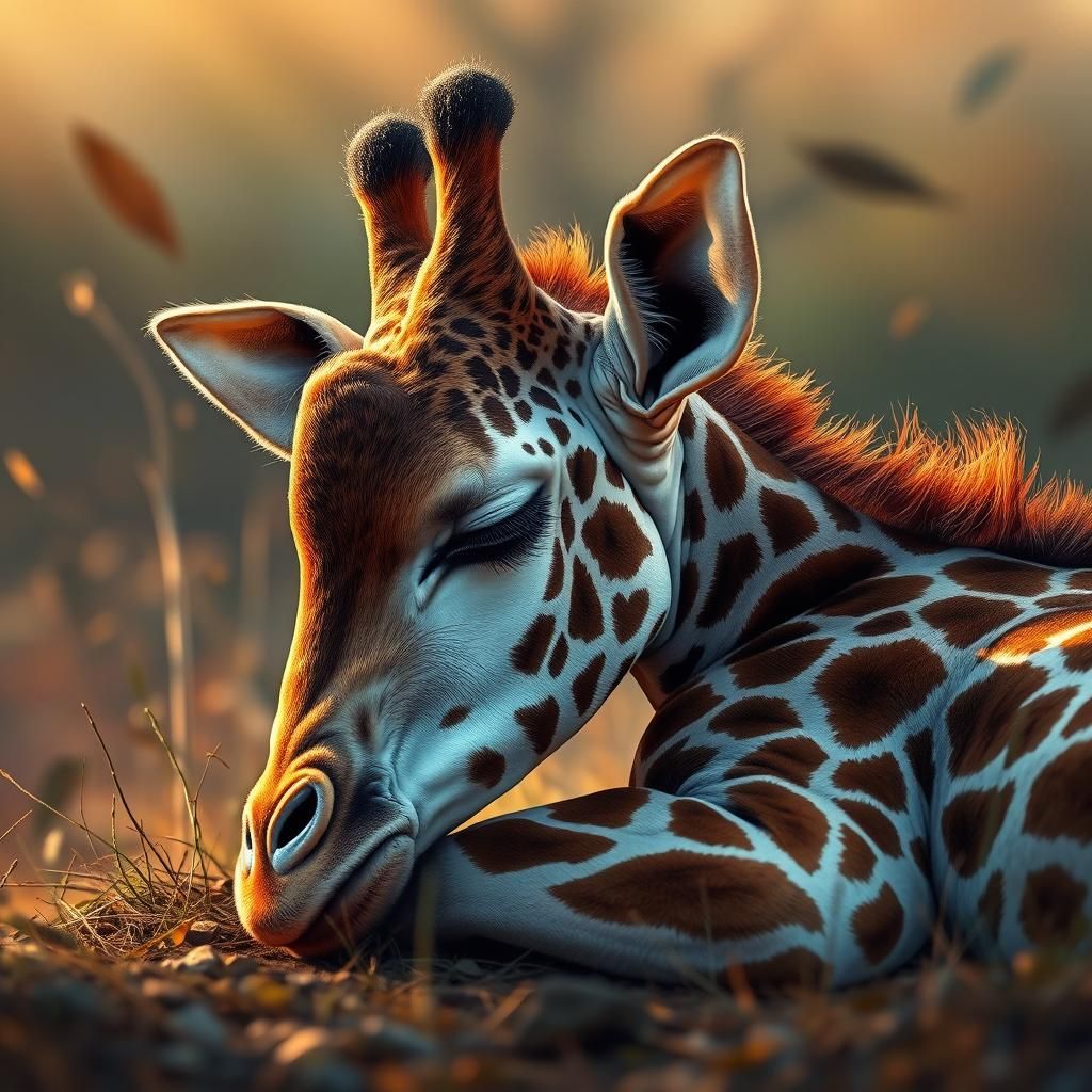 Baby Giraffe Sleeping in Savanna: Hyperrealistic Splash Art
