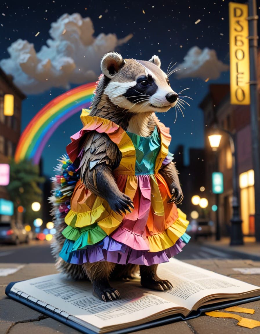 Papercraft Badger in Night City Oil Painting