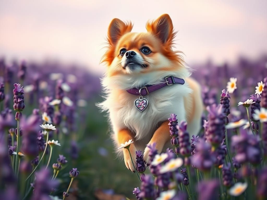Pomeranian in Lavender Field, Oil Painting Aesthetic