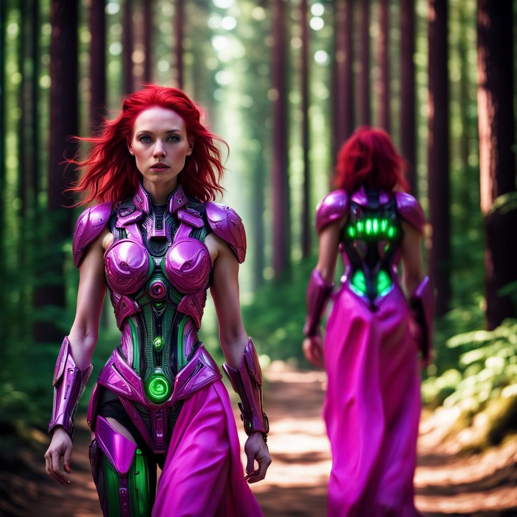 Cyborg in Neon Dress Walks Sunny Forest Path
