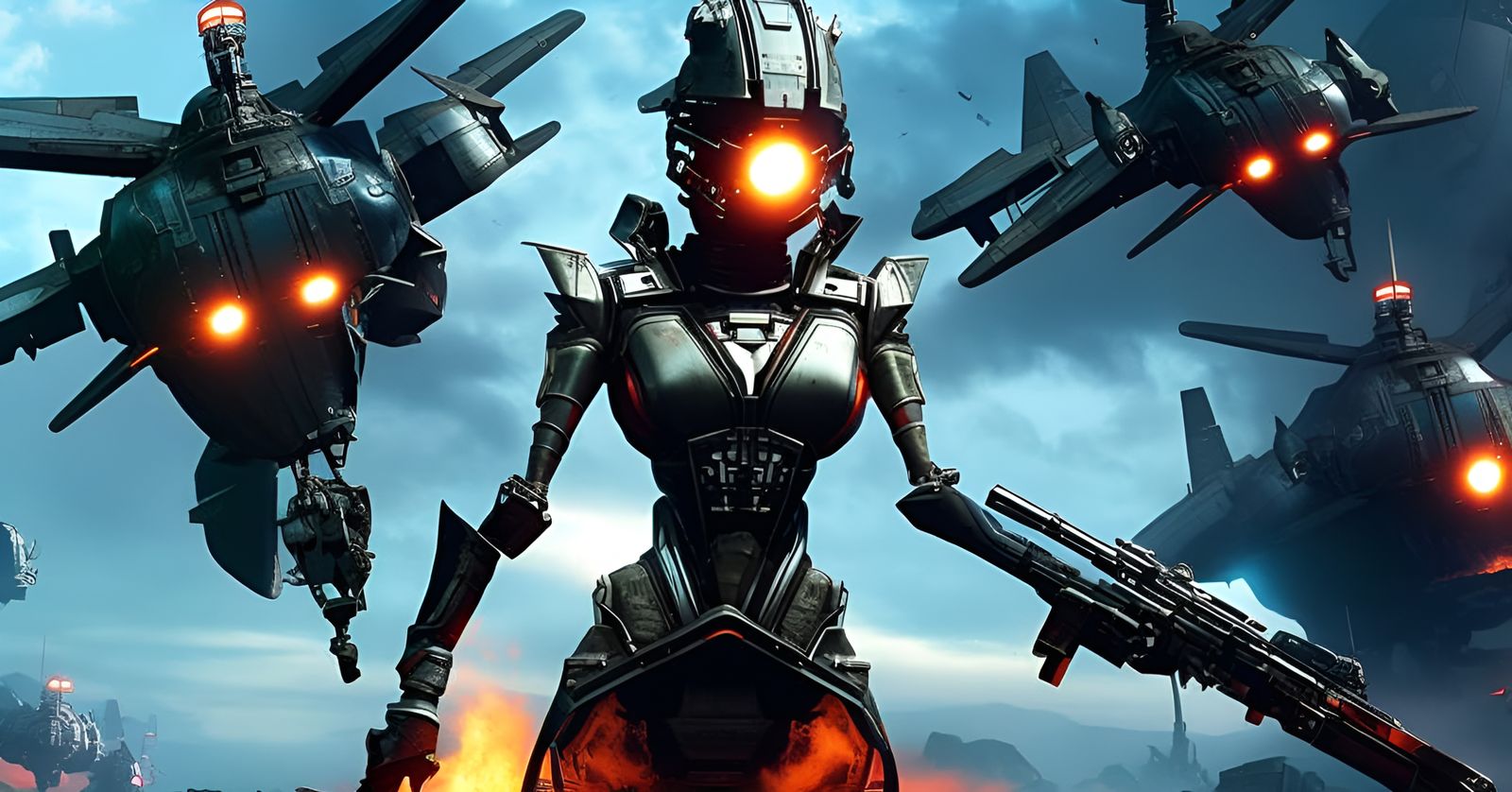 Dieselpunk Cyborg War Scene in Apocalyptic City