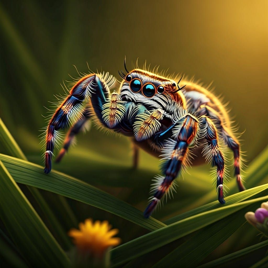 Hyper-Realistic Fluffy Jumping Spider in a Sun-Kissed Meadow