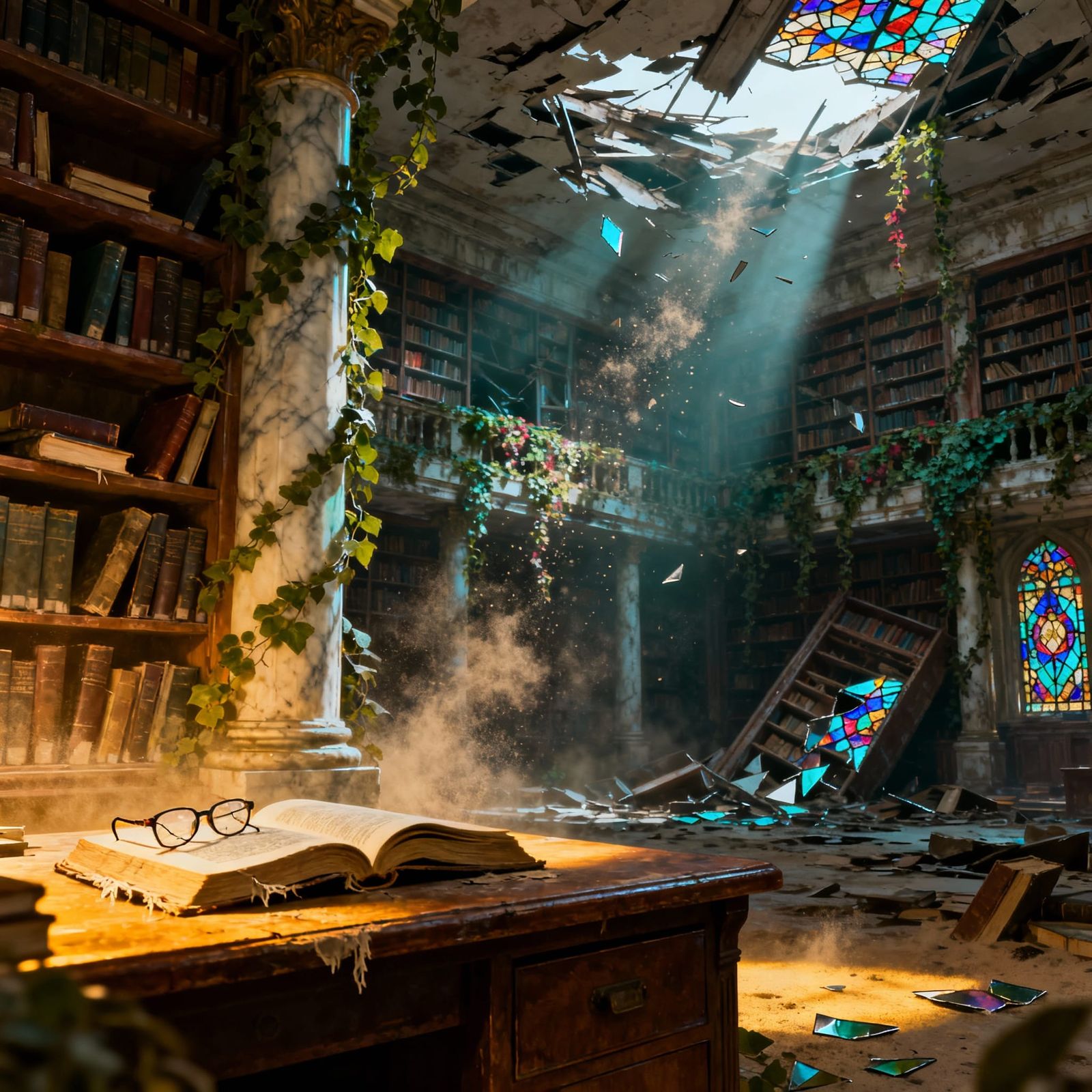 Decaying Library Reclaimed by Nature in Cinematic Style