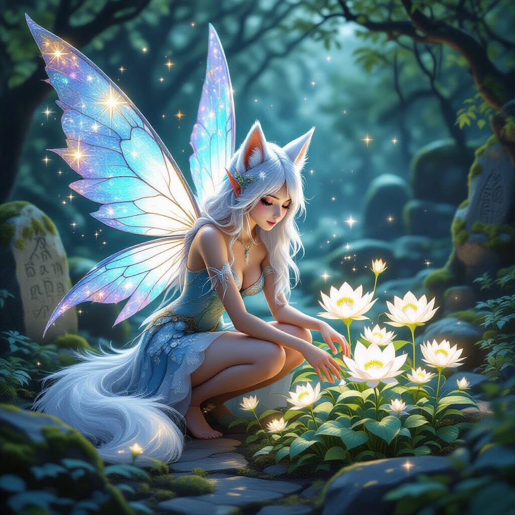 Celestial Kitsune Tending Moonflower Garden