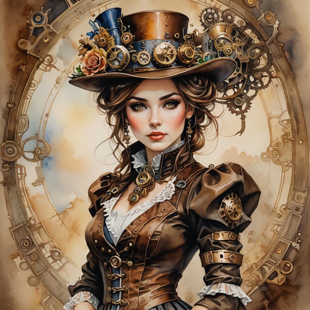 Steampunk Woman in Watercolor Painting