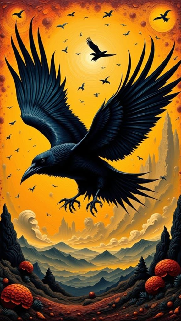 Majestic Raven in Flight: Impasto Painting
