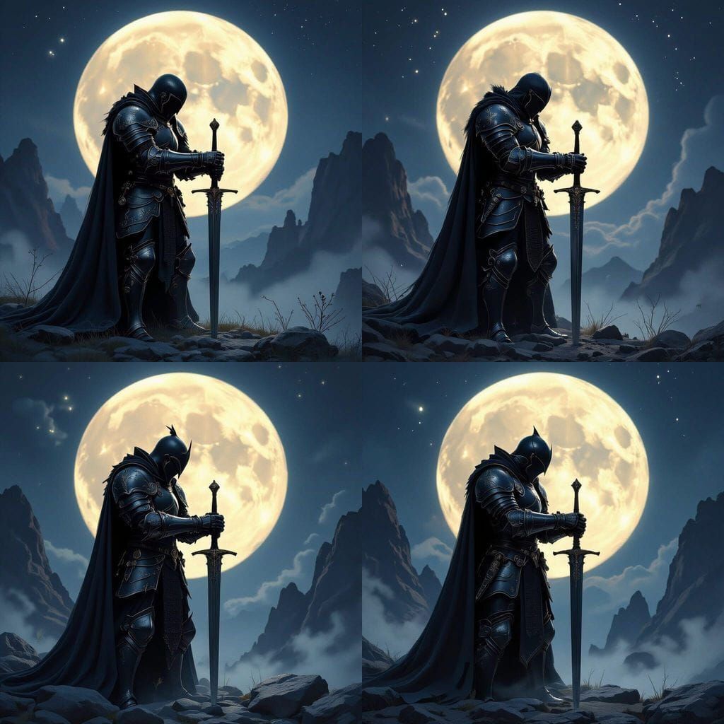 Dark Knight Under Full Moon, Leaning on Sword