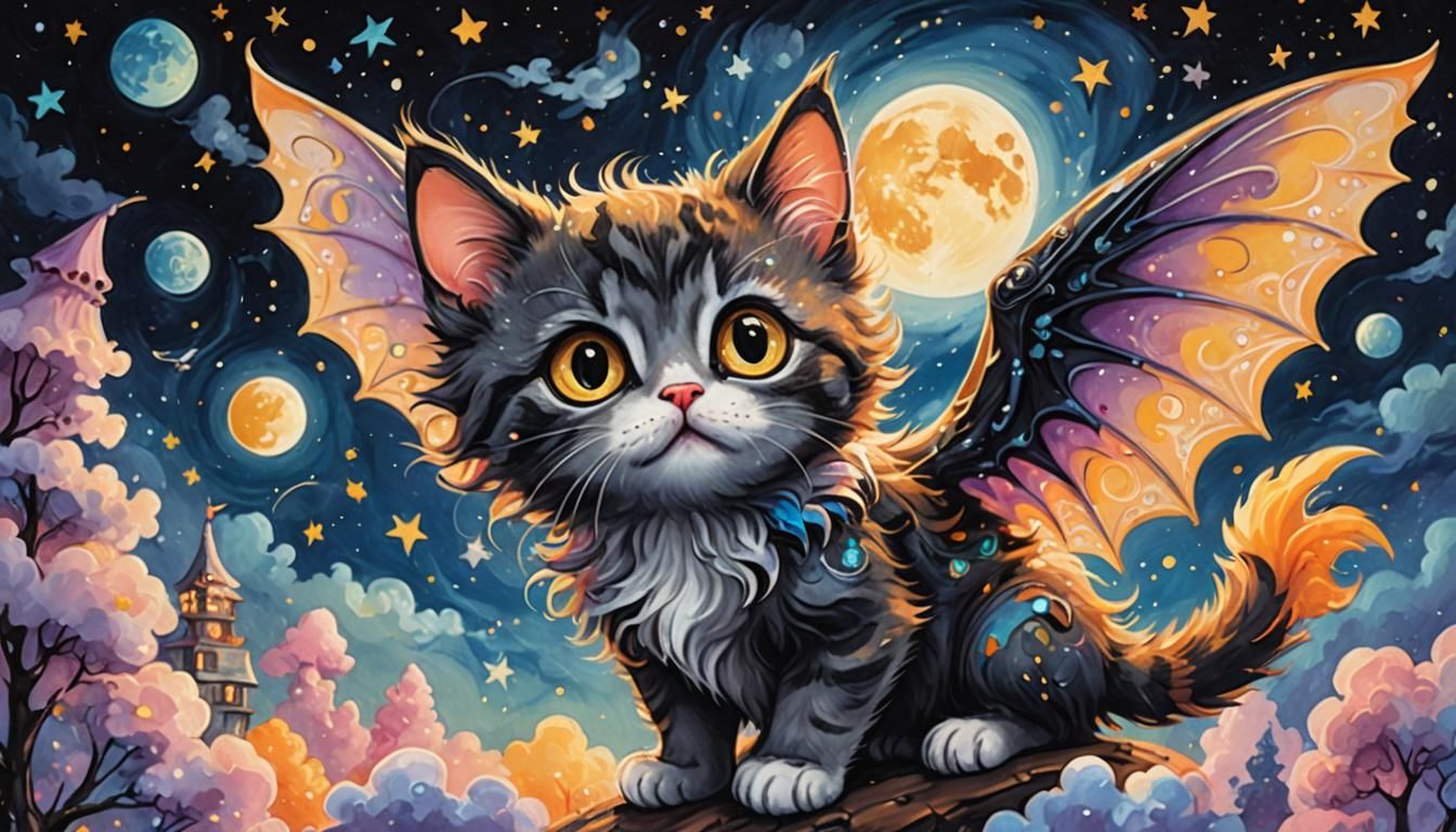 Kitten with Bat Wings Flying in Gouache Wonderland