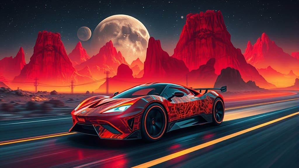 Futuristic Cybercar on Alien Highway in Cyberpunk Style