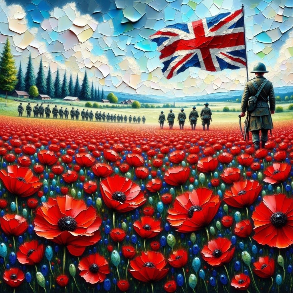 Poppy Field Impasto Painting with UK Flag