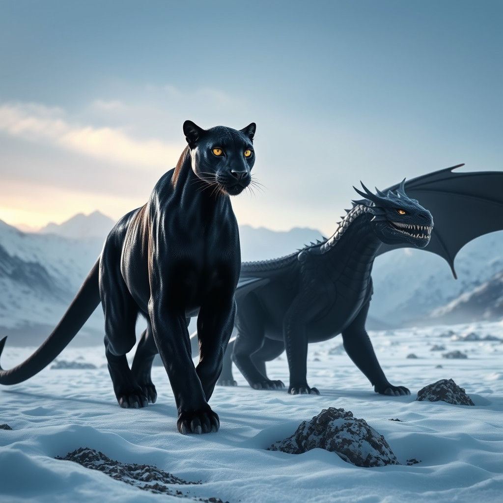 Black Panther and Dragon in Snowy Landscape