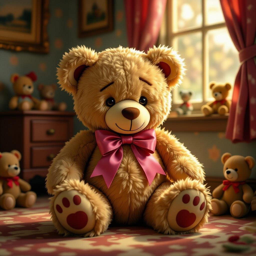 Worn Teddy Bear Sits Amidst Vintage Toys