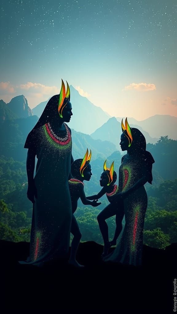 Khajiit Family Silhouette in Dreamlike Jungle Landscape