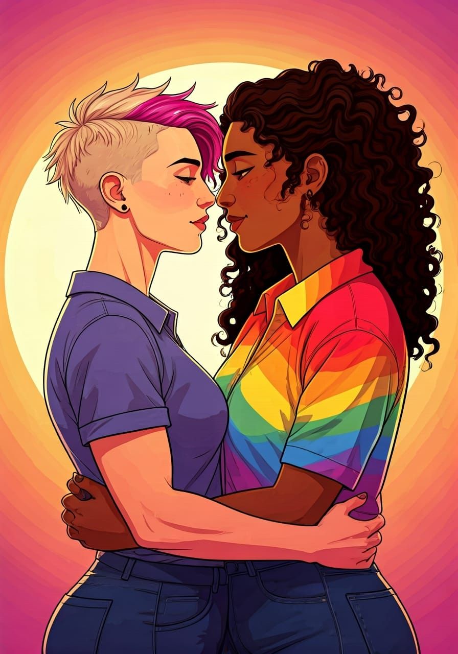 Two Women Embrace in Kawaii Art Style