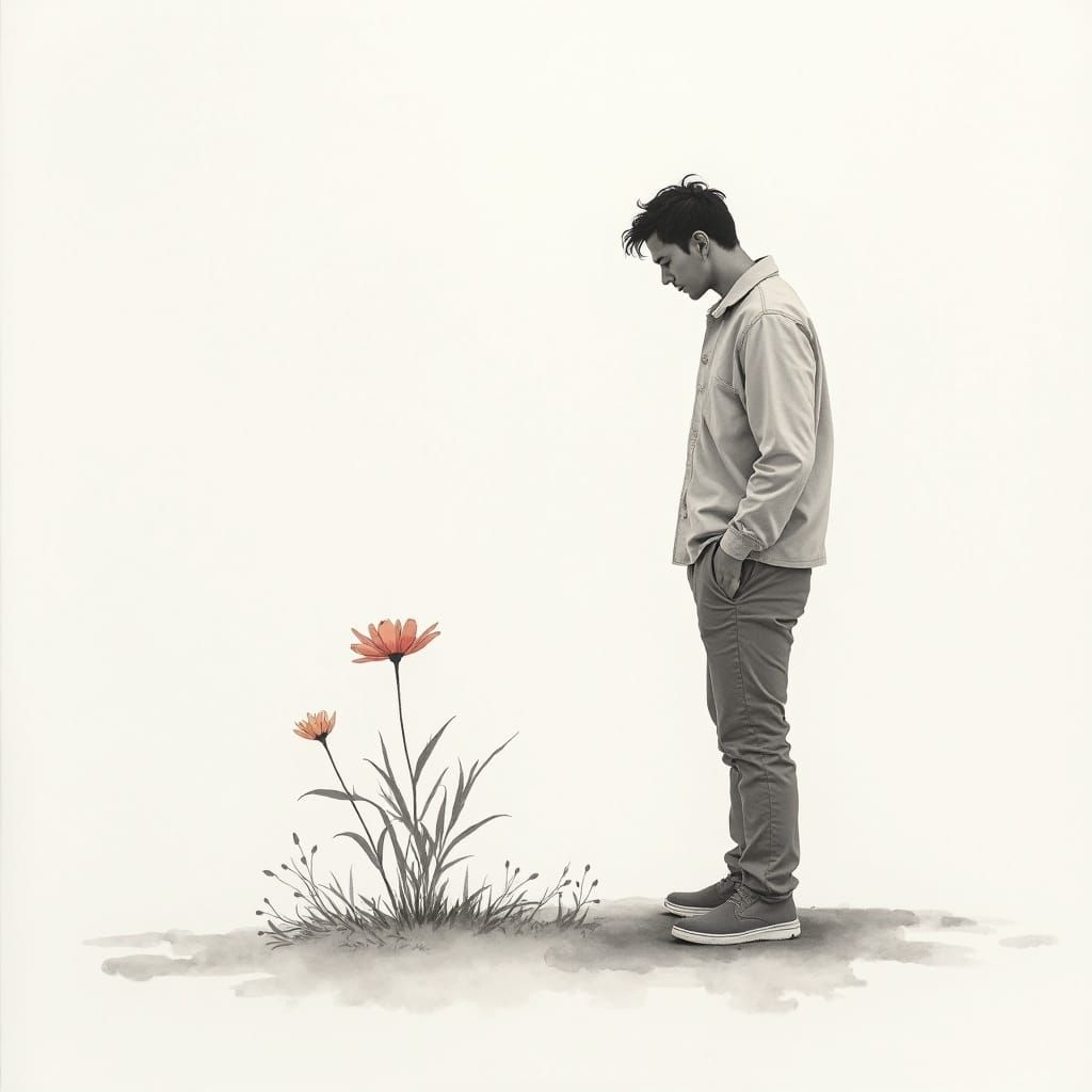 Sumi-e Painting of Man Contemplating Flower in Minimalist Ga...