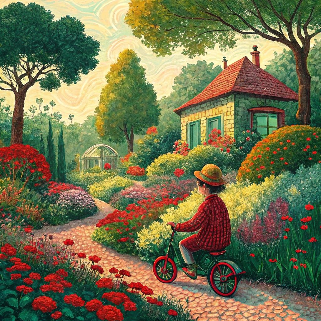 Vibrant Tricycle Ride in Bold Floral Colors