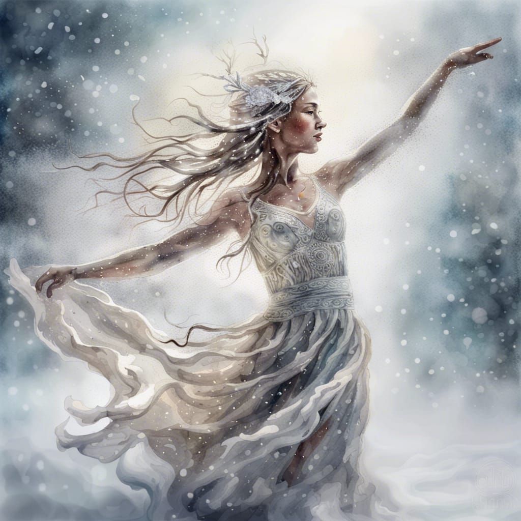 Ethereal Snow Spirit Girl in Watercolor Style