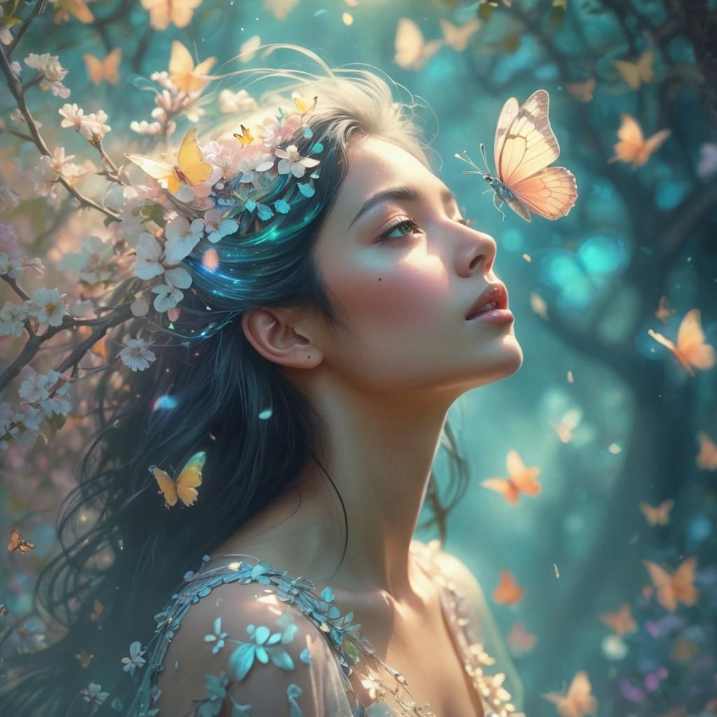 Neon Orchard: Girl with Butterflies in Vaporwave Style