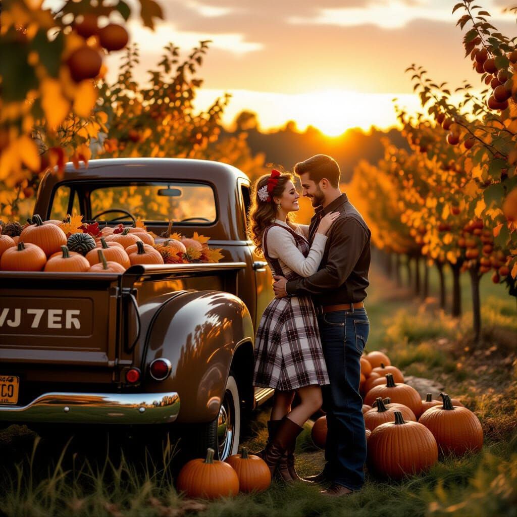Rockabilly Couple's Autumn Embrace at Sunset