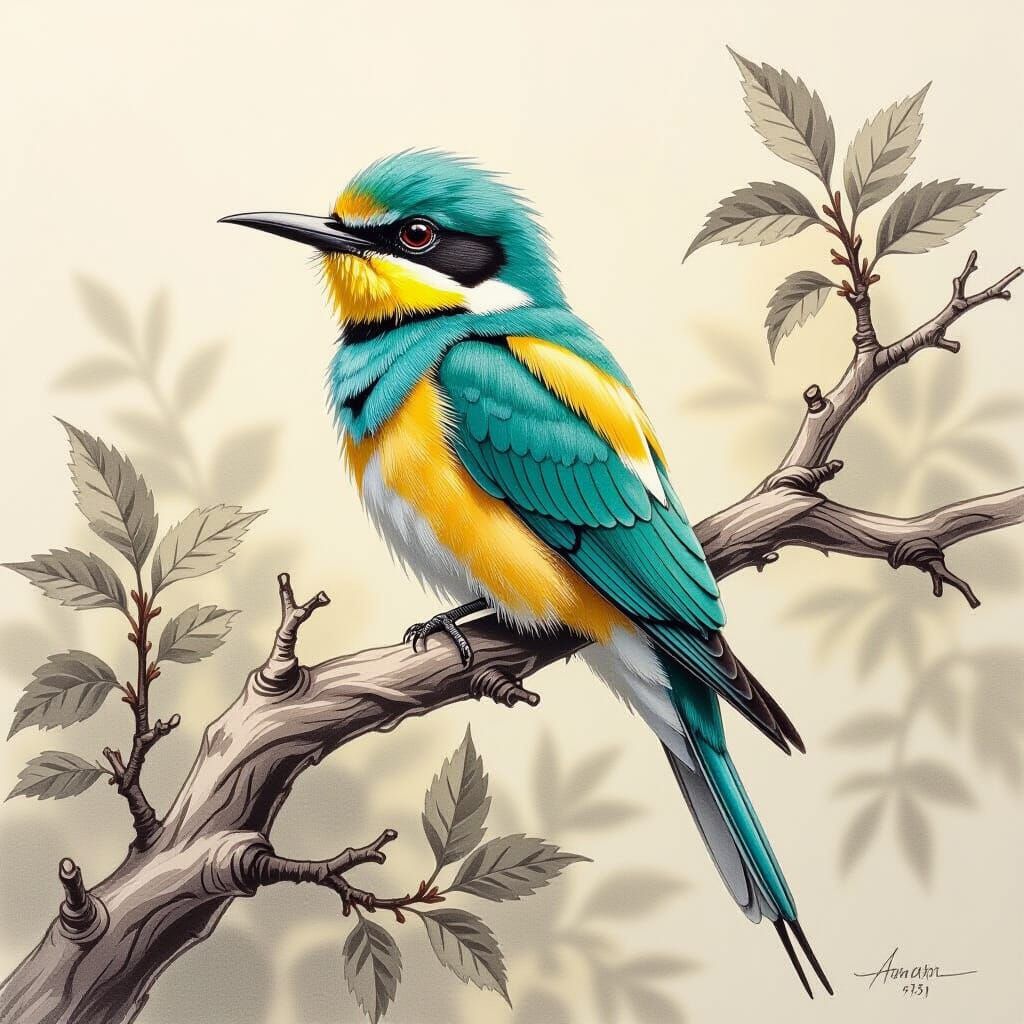 Hyperdetailed Charcoal Drawing of Bee Eater