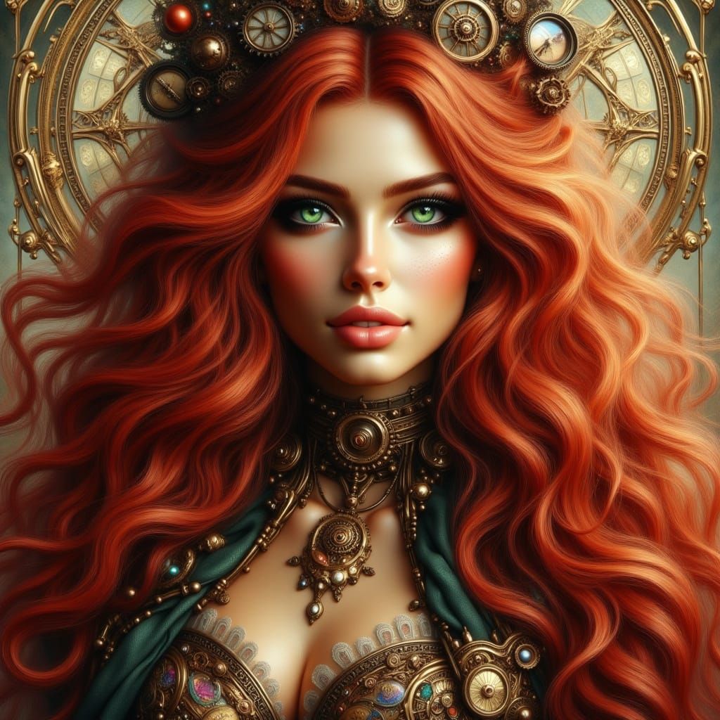 Steampunk Beauty with Red Hair and Green Eyes