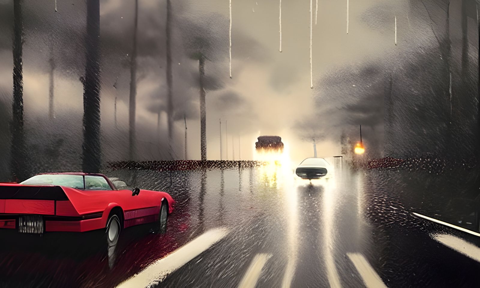 Rainy Drive: 1994 Poster Style, Hyperdetailed Concept Art