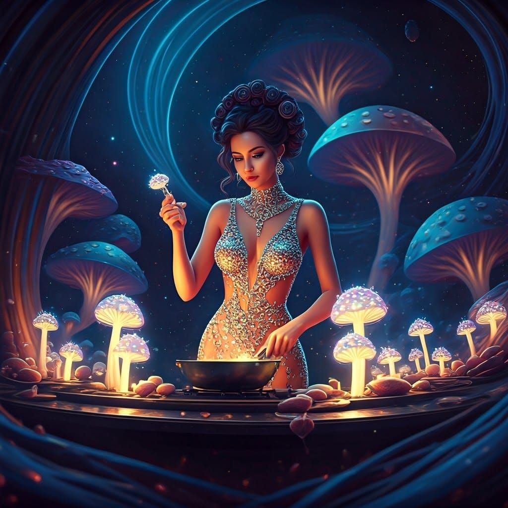 Woman Cooking Mushroom Stars in Galactic Metropolis