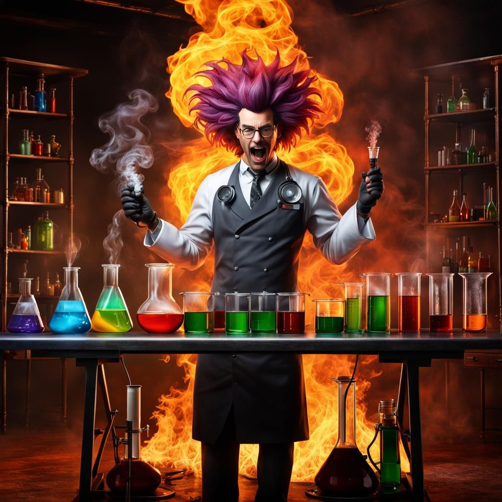 Mad Scientist in Fiery Laboratory with Biohazard Symbol