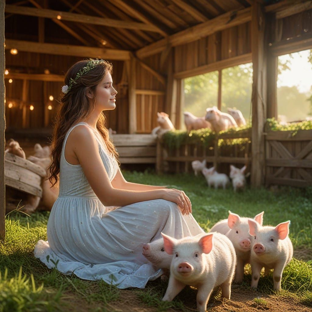 Ethereal Fantasy: Woman and Pigs in Barn