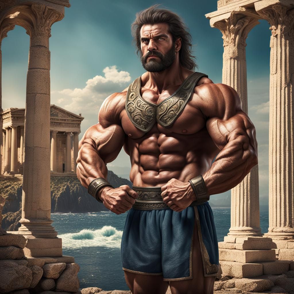 Sicilian Bodybuilder at Greek Temple: Detailed Matte Paintin...