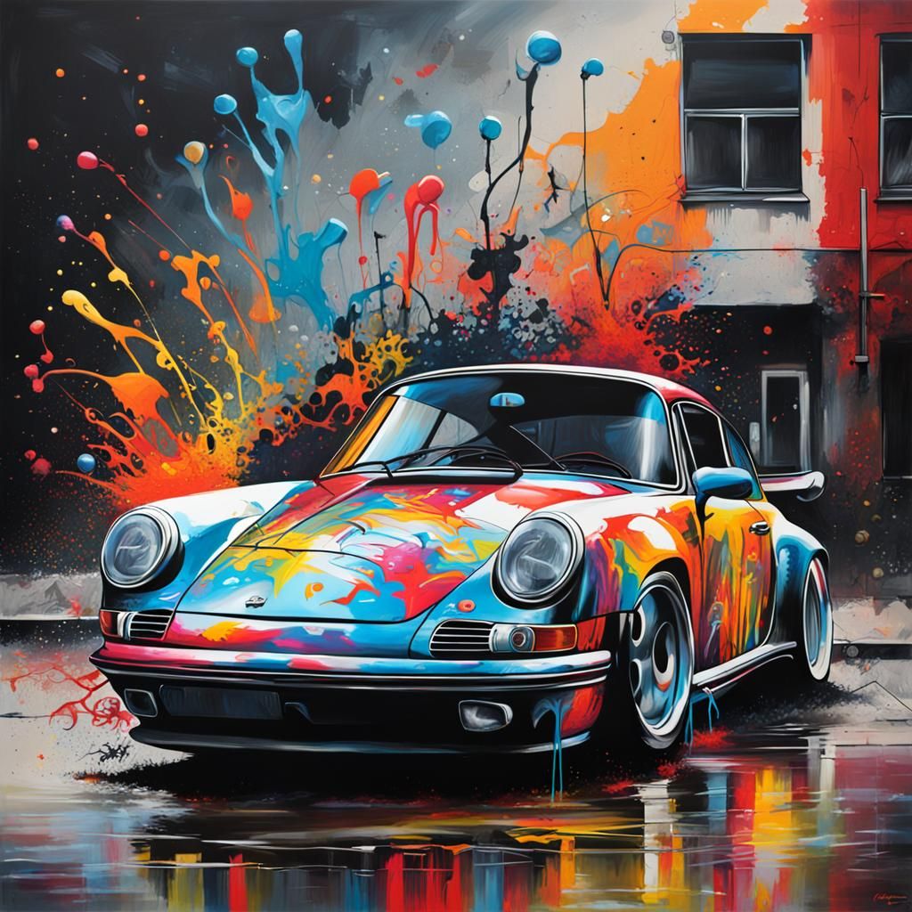 Porsche in Graffiti Art Style with Splash Effects