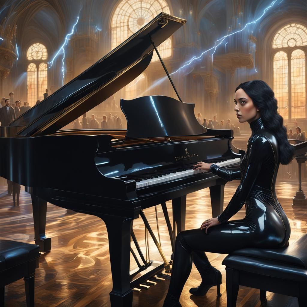 Woman in Catsuit Plays Piano in Storm, Photorealistic