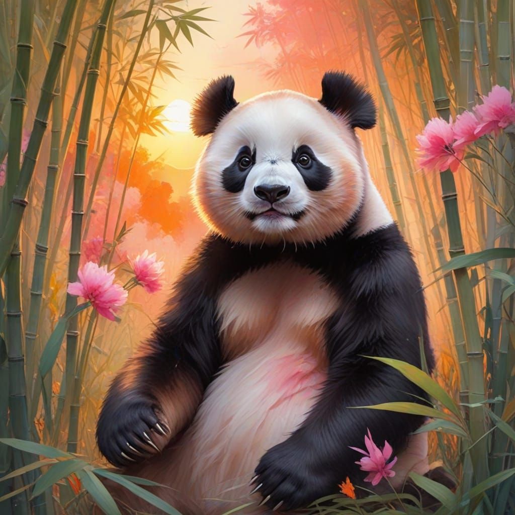 Whimsical Panda in Sunset Bamboo Grove