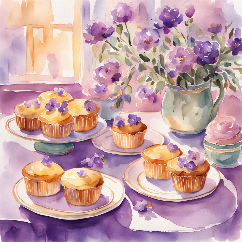 Watercolor Madeleine Cakes with Violet Flower Decor