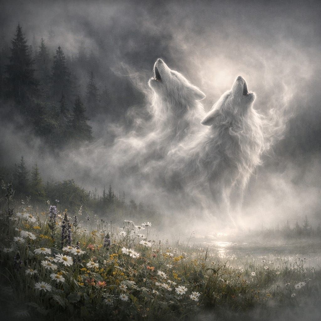 Misty Forest Wolves Emerge from Ethereal Fog