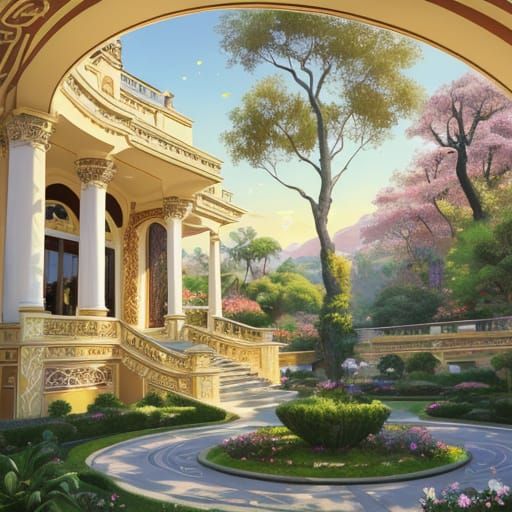 Art Nouveau Villa Mansion in Oil Painting Style