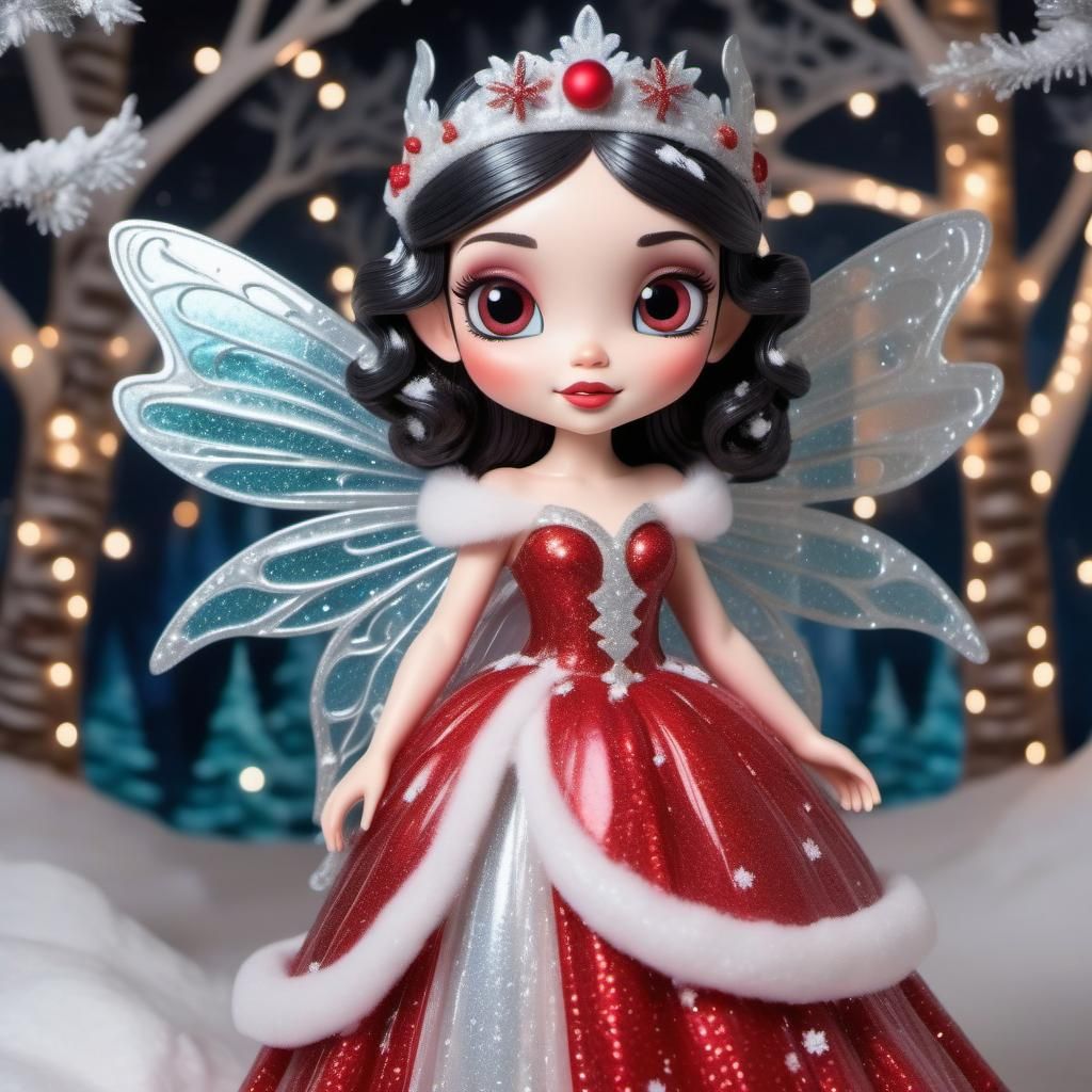 Disney Pixar style 3D beautiful and elegant Fairy Princess, wearing a glittery and sparkly red and white gown, giant spa...