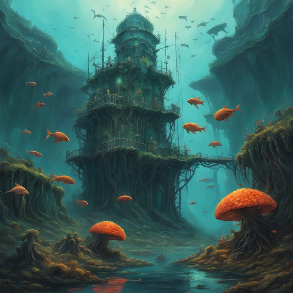 Underwater Wizard's Tower in Art Nouveau Style