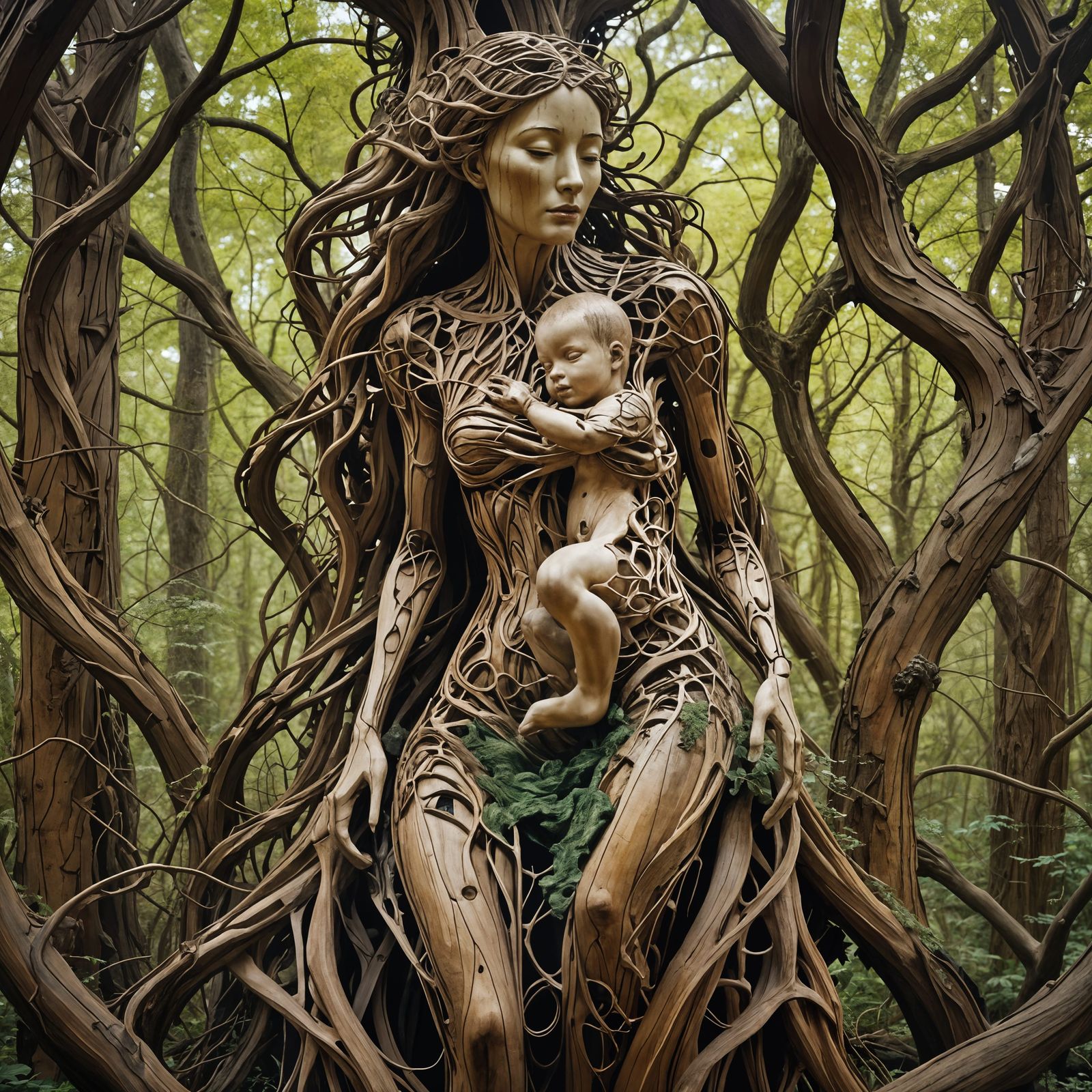 Wooden Sculpture of Mother and Child