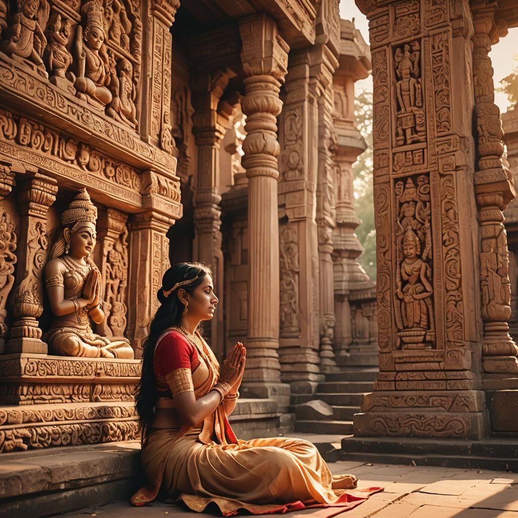 Goddess in Ancient Hindu Temple at Golden Hour