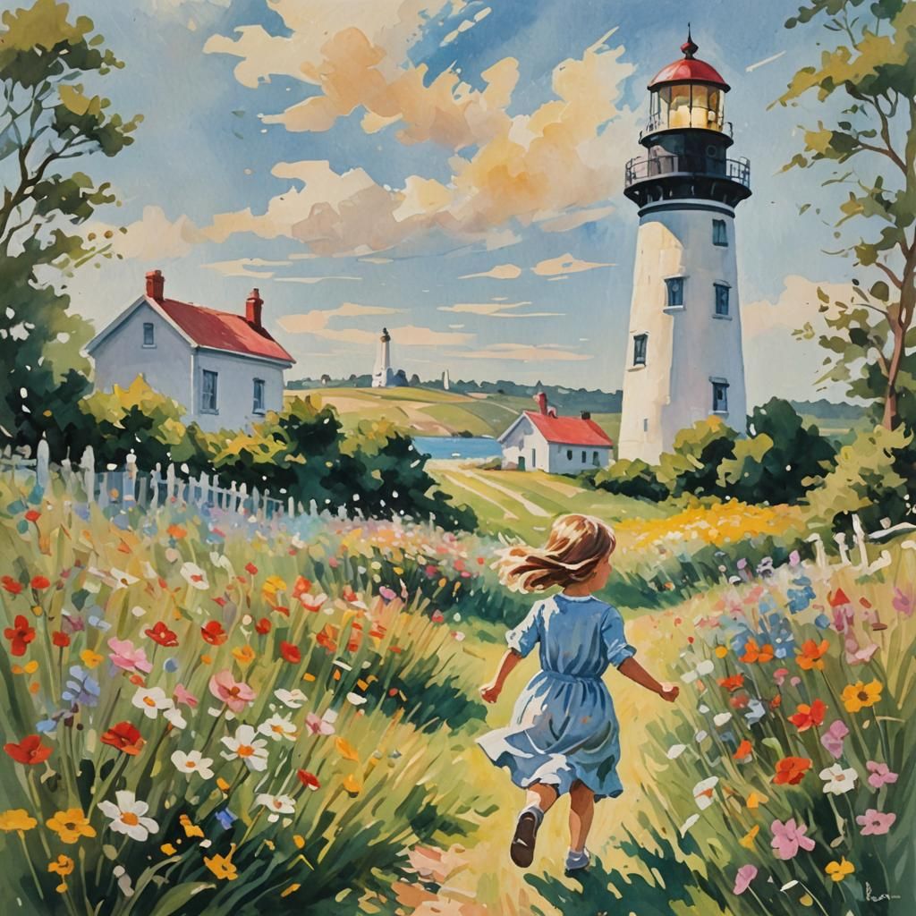 Impressionist Painting of Girl in Flower Field