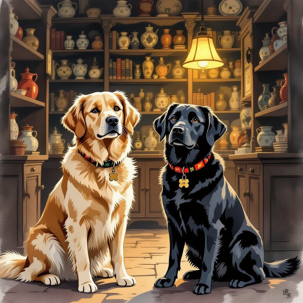 Golden Retriever and Black Lab in Antique Shop Halloween Sce...